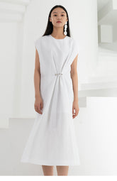 Sleeveless A-Line Linen Midi Dress with Asymmetric Hem and Box Pleats